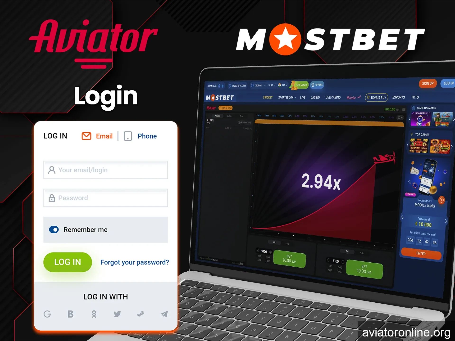 Enter your login details to access your Mostbet account and start playing Aviator.
